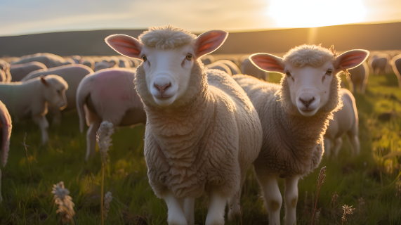 阳光照耀下的草地羊群摄影图片