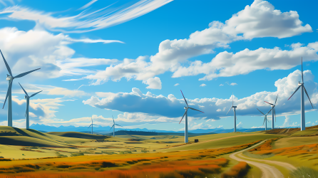 翠绿与天蓝宽阔景观的小草坪上的风力涡轮机摄影图片