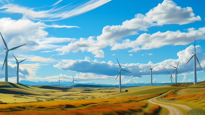 翠绿与天蓝宽阔景观的小草坪上的风力涡轮机摄影版权图片下载
