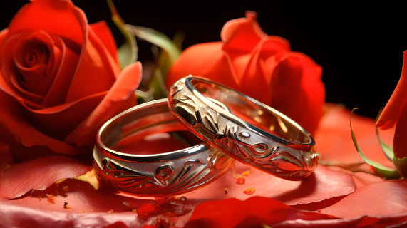 红玫瑰上的两枚结婚戒指摄影图片