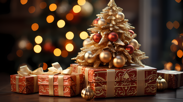 红金色圣诞树装饰的摄影版权图片下载