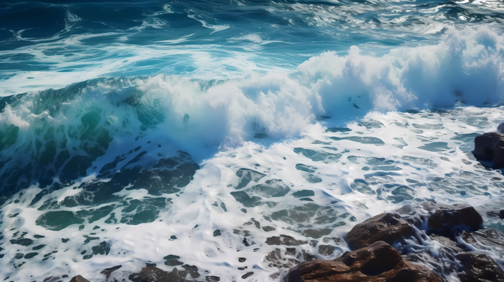 大海边上的岩石上波浪拍打的摄影图片