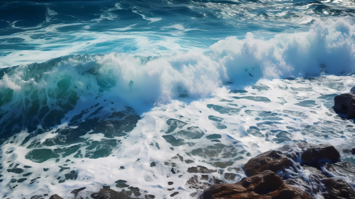 大海边上的岩石上波浪拍打的摄影版权图片下载