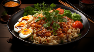 超写实乡村核心风融合东西方的虾面蛋碗摄影图