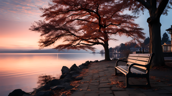 晨曦之湖旁长凳摄影图
