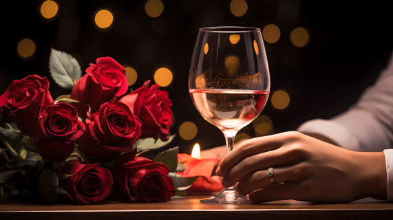 浪漫主题的两人举着白玫瑰和红酒的晚餐桌摄影图片