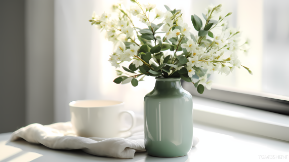 绿色和白色的舒心花瓶摄影图片