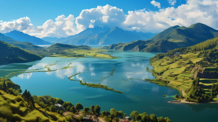 越南风格湖泊山脉和房屋的鸟瞰摄影图