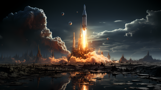 黑暗中起飞的小火箭摄影图片