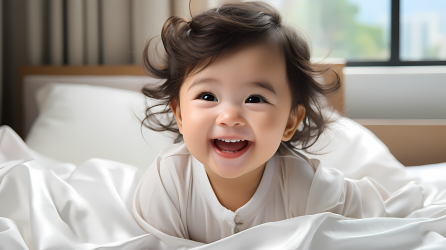 童年欢笑的白床宝贝摄影图