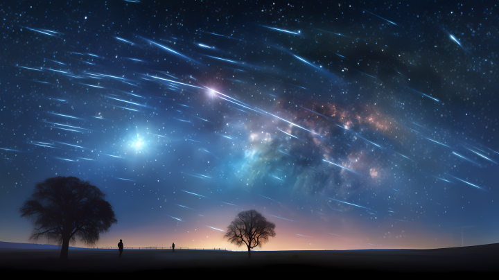 夜空中飞舞的流星照亮中间的树的摄影版权图片下载