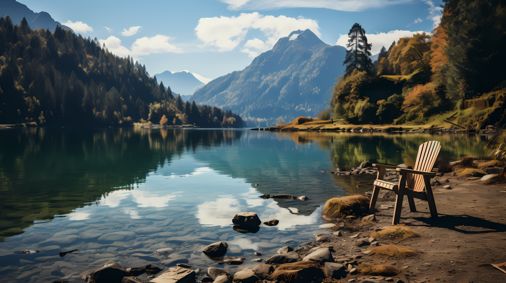 湖边山景黑椅摄影版权图片下载