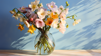 蓝色木桌上的花瓶中的花朵摄影图
