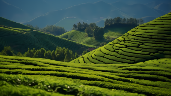 山地高地上的暗蓝和浅翠的茶叶作物摄影图片