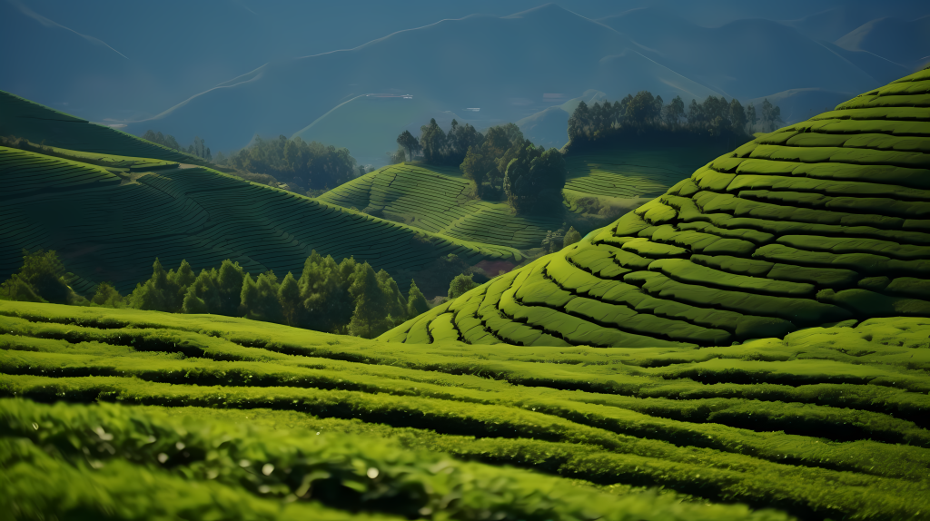 山地高地上的暗蓝和浅翠的茶叶作物摄影图片