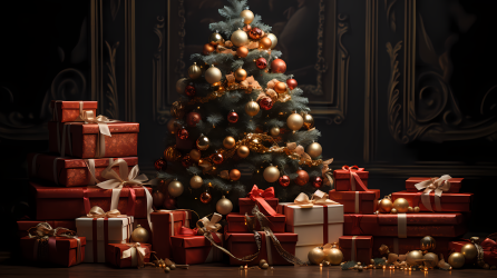 红黄金色的圣诞树和礼盒图片摄影图