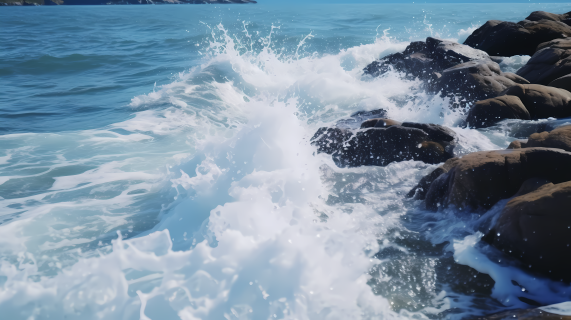 藤岛岳治风格的水撞击岩石摄影图