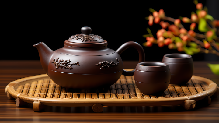 永乐壶茶具套装以麦穗麋麟风格的深棕色照片版权图片下载