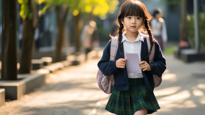 一年级女孩手持书本摄影图片