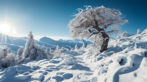 雪山林间的阳光神秘背景下的摄影图
