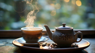 茶香袅袅两杯茶在桌上摄影图