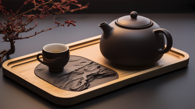深浅相间的竹茶盘与茶壶摄影图片