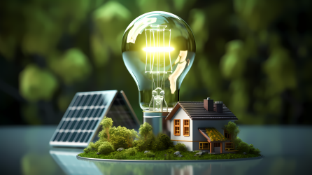 绿色银灯泡的房屋和太阳能电池摄影图片