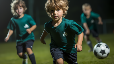 男孩在绿色和海军蓝色的开放场地上踢足球的摄影图