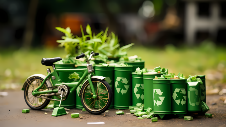 草地上的自行车和绿色回收电池迷你景观照片版权图片下载