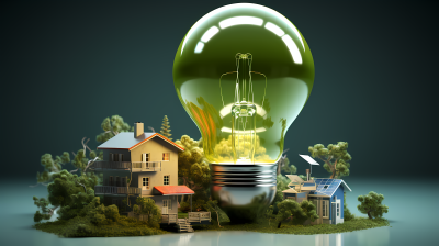 绿色银灯泡房子和太阳能电池板摄影图片