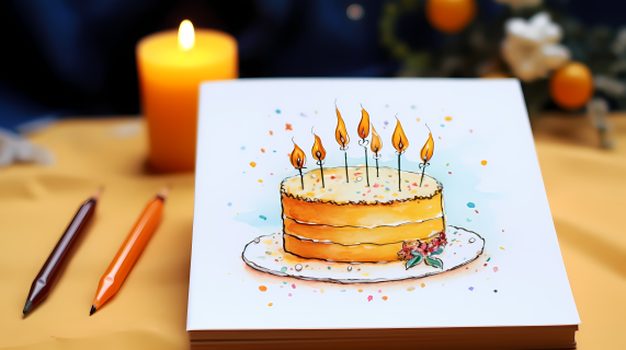 浅棕黄色笔画的蛋糕生日卡片摄影图片