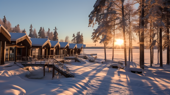 雪中日出的小屋摄影图片
