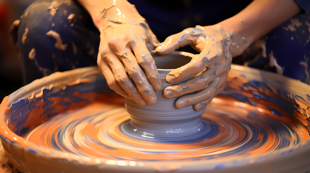 陶艺师在旋转轮上制作陶器的摄影图片