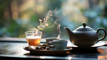 茶香四溢丝丝缕缕两杯带蒸汽的茶摄影图