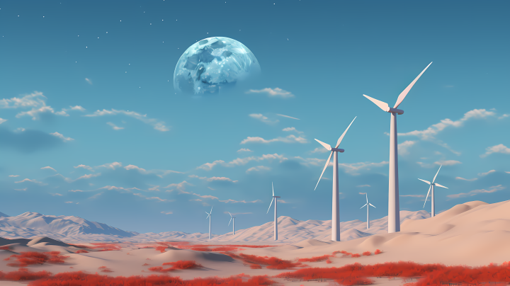 风力发电机在沙地上与月亮的摄影版权图片下载