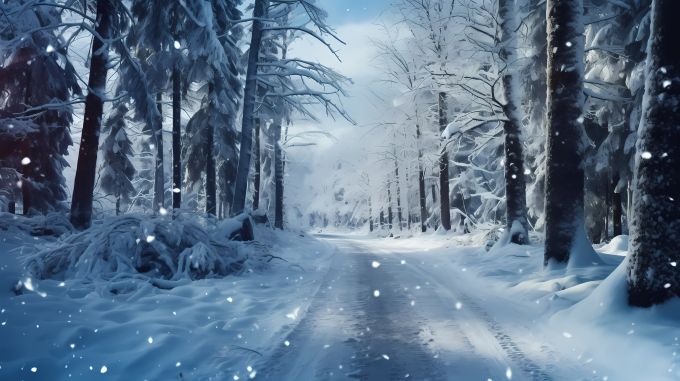 雪中山林，森林中的雪路