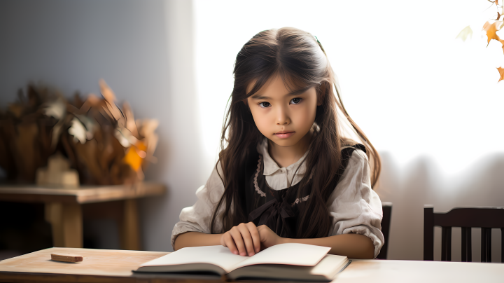 日本少女坐在桌前读书的摄影图版权图片下载