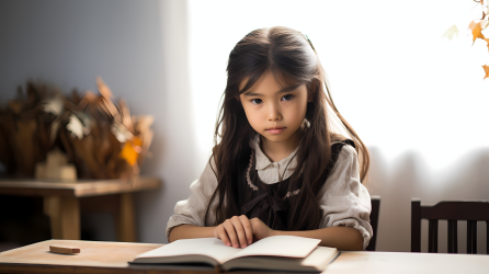 日本少女坐在桌前读书的摄影图