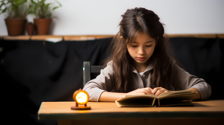 日本少女书桌上沉醉读书的画面摄影版权图片下载