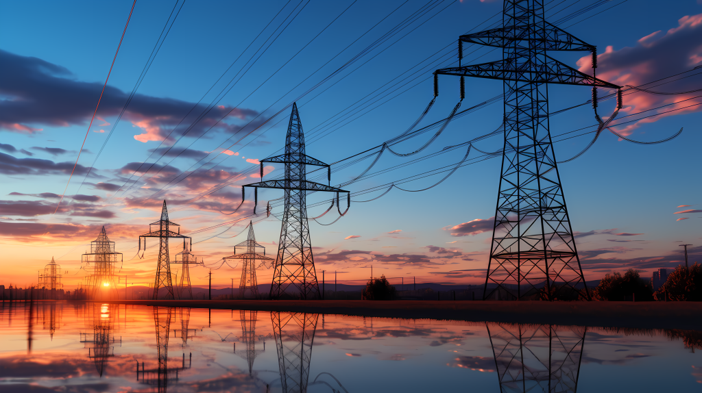 高压电线塔与塔楼的剪影夕阳下的摄影图版权图片下载