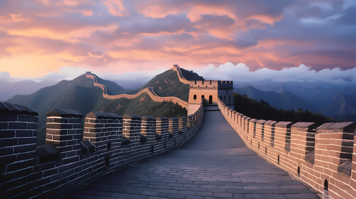 中国历史的壮丽之墙：日出时的长城摄影图版权图片下载