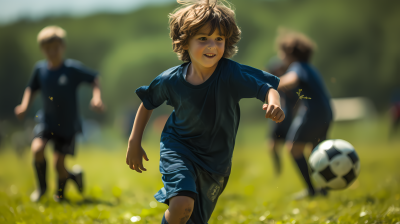 少年在开阔的绿色与深蓝色领域中踢足球摄影图