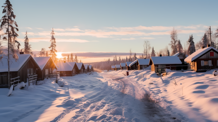 雪中日出的小木屋摄影版权图片下载