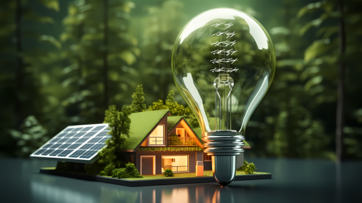 绿色银色纹理表面处理的家里装满灯泡和太阳能板的摄影版权图片下载