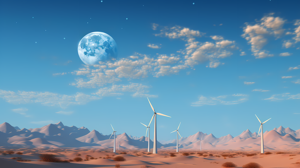 沙滩上的风力发电机与月亮摄影版权图片下载