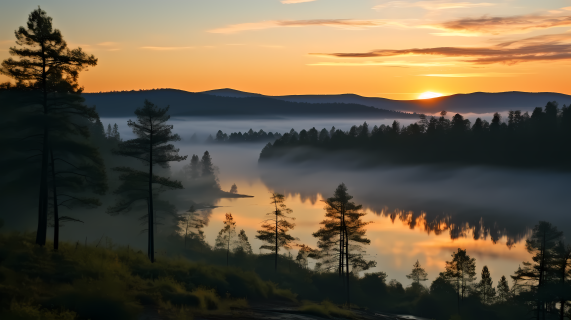 捷克斯洛伐克湖区的日出霧景摄影图片