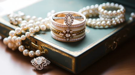 复古精致风格的订婚戒指、项链和珍珠戒指盒摄影图片