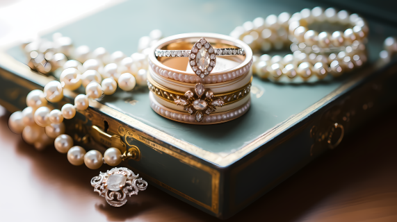 复古精致风格的订婚戒指、项链和珍珠戒指盒摄影图片