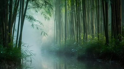 高清自然竹林中的蒸汽摄影图
