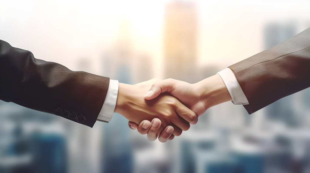 商业合作伙伴在城市背景下握手摄影图片
